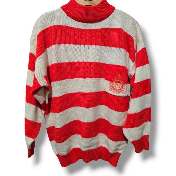 Fabriano Sweaters - Fabriano Woolworth women's orange white striped nautical vintage sweater medium